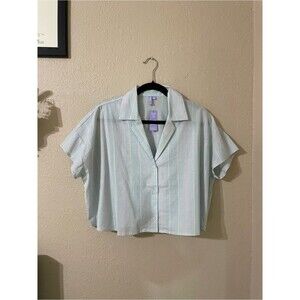 New Florence By Mills Cotton Stripe Short Sleeve Button Top Size Small Seagrass